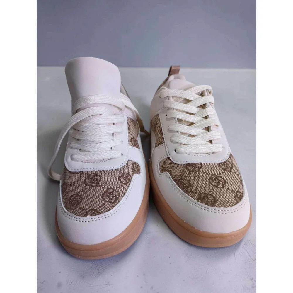 La Sheelah Rexx-02 Womens White Tan Monogram Low Top Sneakers Shoes Size 7
